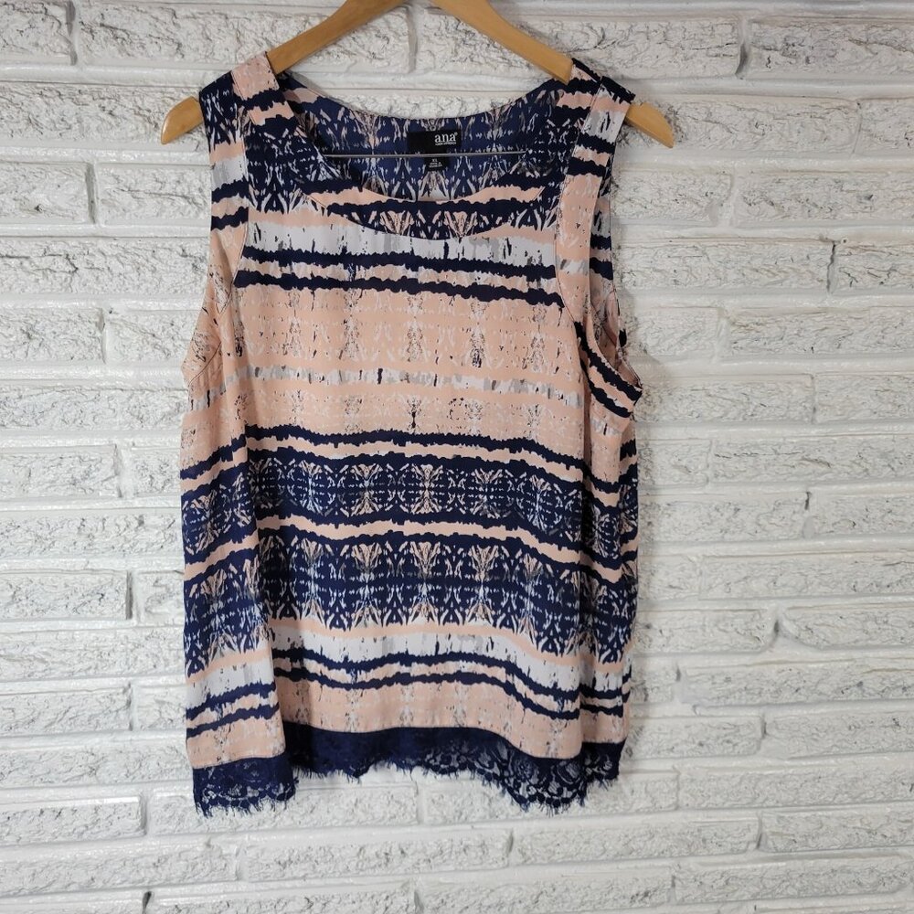 ANA Women's XL Pink Blue Geometric Tank Top Sleeveless Lace Hem GEO69E